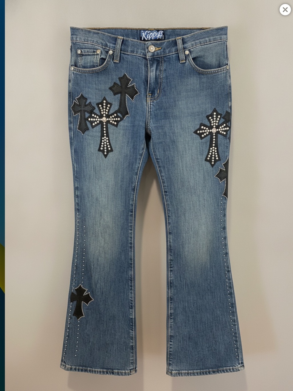 Kippys Blue Denim Flare Jeans with Black Cross Embellishments